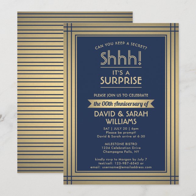 Invitation Anniversaire Surprise Party Shhh! Marine bleu et o (Devant / Derrière)