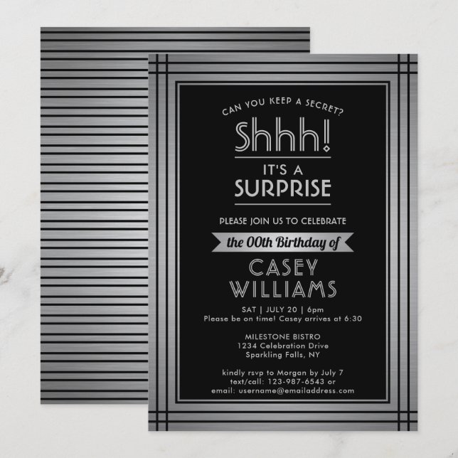 Invitation Anniversaire Surprise Party Shhh! Noir élégant (Devant / Derrière)