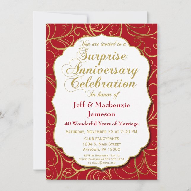 Invitation Anniversaire Surprise Red Gold Swirl (Devant)