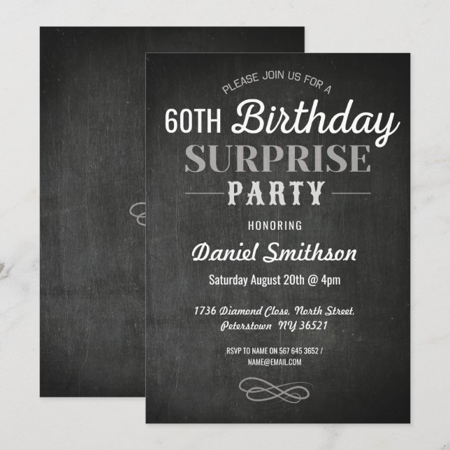 Invitation Anniversaire Surprise Rustic Chalk Hommes Femmes I (Devant / Derrière)