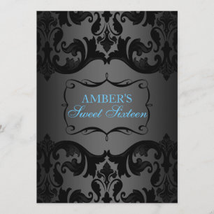Invitation anniversaire Sweet 16 damassé bleu et n