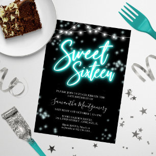Invitation Anniversaire Sweet 16 Fête Sombre Néon Teal Lumine
