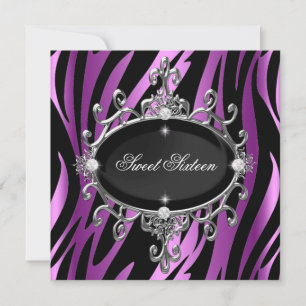 Invitation Anniversaire Sweet 16 Rose Violet Zèbre Rayure Noi