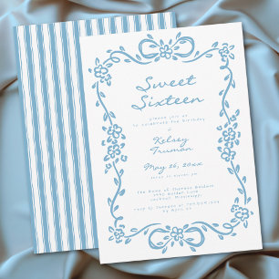 Invitation Anniversaire Sweet Sixteen Floral Bleu Fantaisiste
