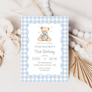 Invitation Anniversaire Teddy Bear Blue Balloon