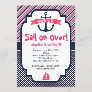 Invitation Anniversaire Thème nautique en rose et 