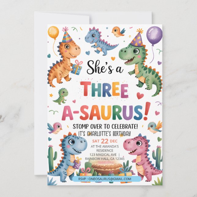 Invitation Anniversaire Trois A-Saurus 3 ans T-Rex Dinosaure (Devant)