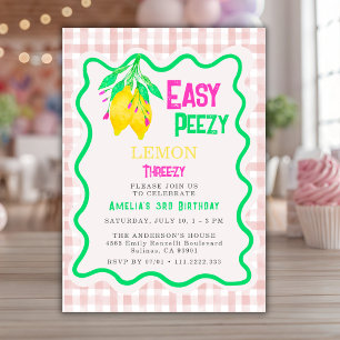 Invitation Anniversaire Trois-zy 3ème Fille Gingham Rose Citr