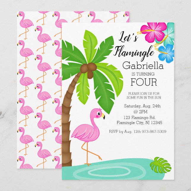 Invitation Anniversaire tropical de Flamant rose (Devant / Derrière)