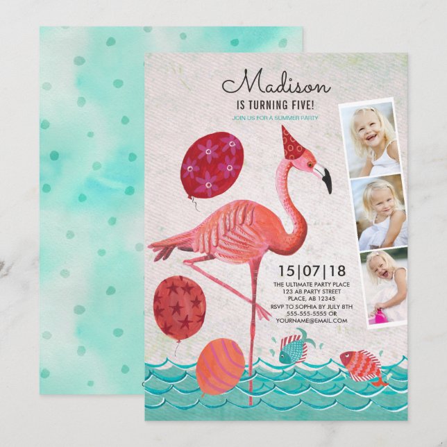 Invitation Anniversaire tropical | Flamant rose et points | I (Devant / Derrière)