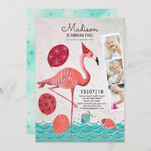 Invitation Anniversaire tropical Flamant rose et points I