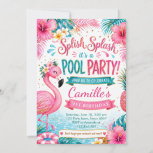 Invitation Anniversaire Tropical Flamingo Splash Pool Party