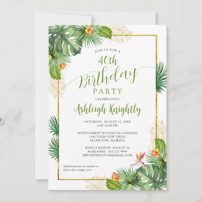 Invitation Anniversaire Tropical Palm Botanique Floral Vert O (Devant)