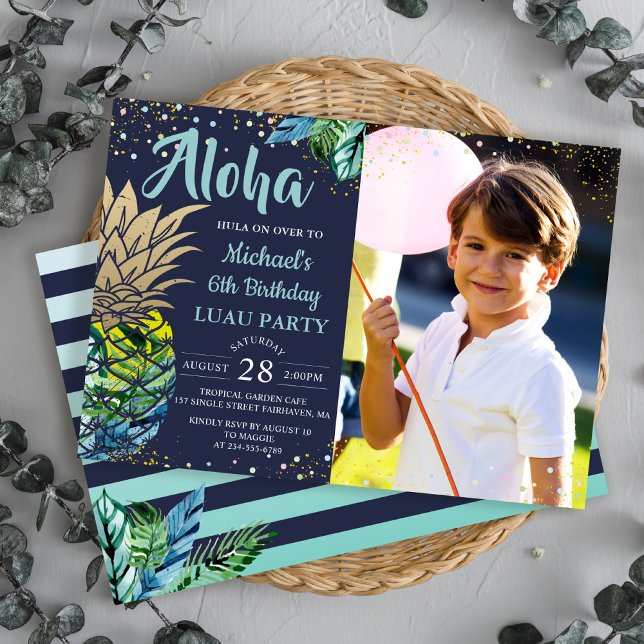 Invitation Anniversaire Tropical Pineappal Navy Blue Luau Pho (Créateur téléchargé)