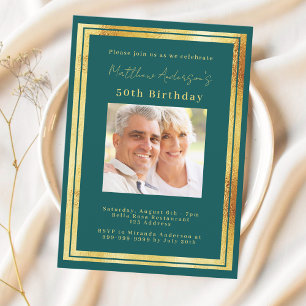 Invitation anniversaire turquoise de la photo en or vert