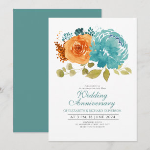 Invitation Anniversaire turquoise du Mariage floral orange br