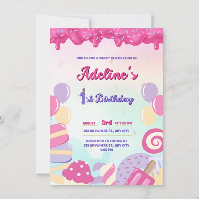 INVITATION ANNIVERSAIRE UN AN ROSE ET CANDY DOUCE (Devant)
