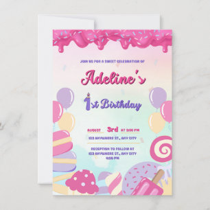 INVITATION ANNIVERSAIRE UN AN ROSE ET CANDY DOUCE