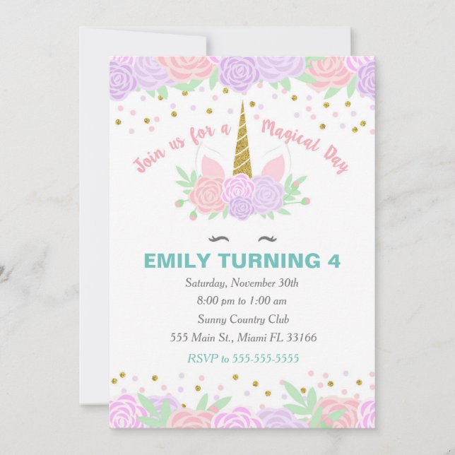 Invitation Anniversaire Unicorn Purple Rose (Devant)