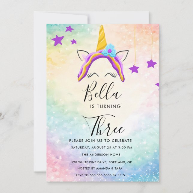 Invitation Anniversaire Unicorne Pastel Rainbow Pa (Devant)