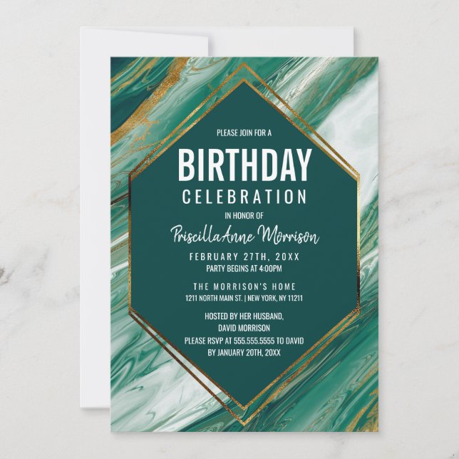 Invitation Anniversaire vert de marbre d'agate d'abrégé sur (Devant)