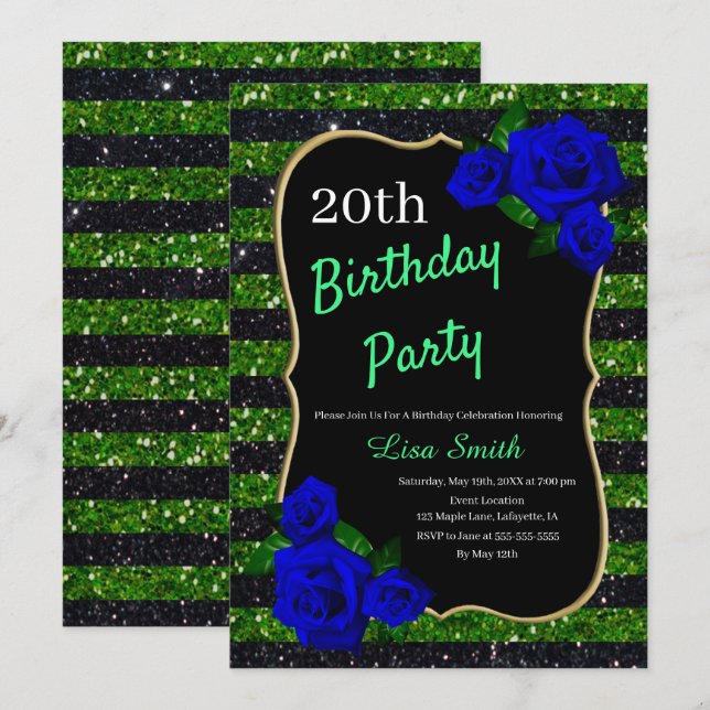 Invitation Anniversaire Vert noir Parties scintillant Bleu pr (Devant / Derrière)