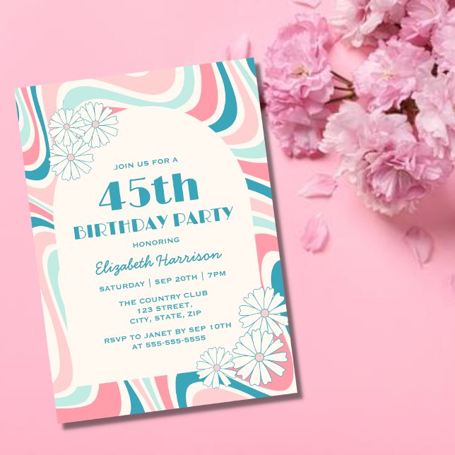 Invitation Anniversaire vert rose de la vague rétro (Créateur téléchargé)