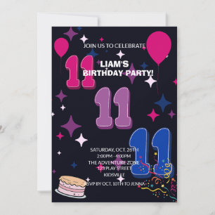 Invitation Anniversaire vibrant de 11 ans Confettis roses b