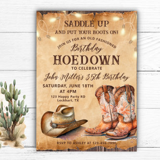 Invitation Anniversaire vintage avec Bottes Cowboy et Casquet