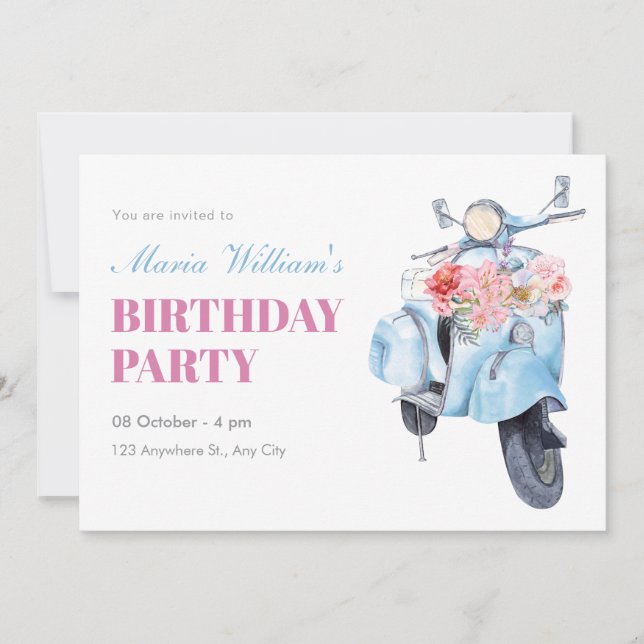 Invitation anniversaire vintage scooter bleu (Devant)