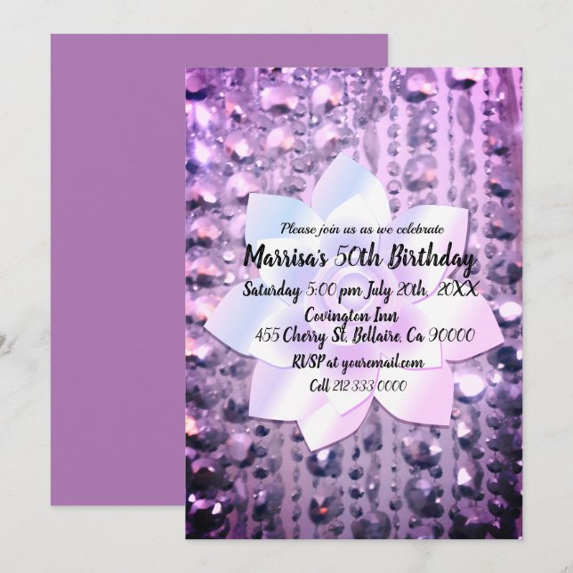 Invitation Anniversaire violet et rose élégant perlé (Devant / Derrière)
