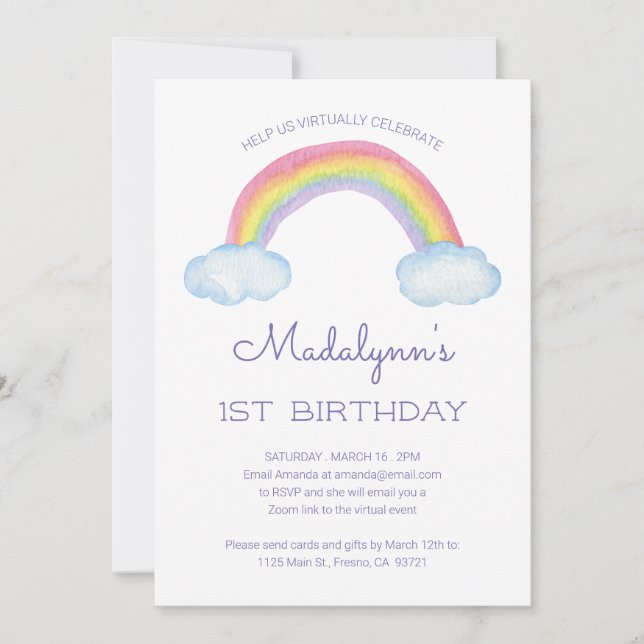 Invitation Anniversaire Virtuel En Ligne Enfant Arc-en-Ciel A (Devant)