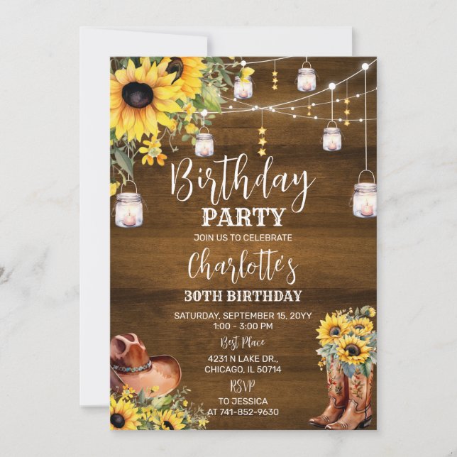 Invitation Anniversaire Western Rustique tournesols (Devant)