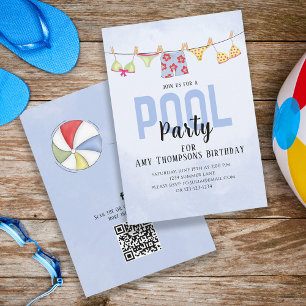 Invitation Anniversaire Whimsical Pool Party QR Code Social M