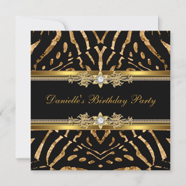 Invitation Anniversaire Zebra Black Gold Diamond (Devant)