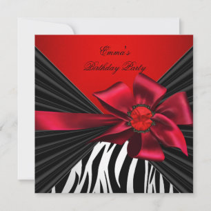 Invitation Anniversaire Zèbre Élégant Rouge Noir Nœud