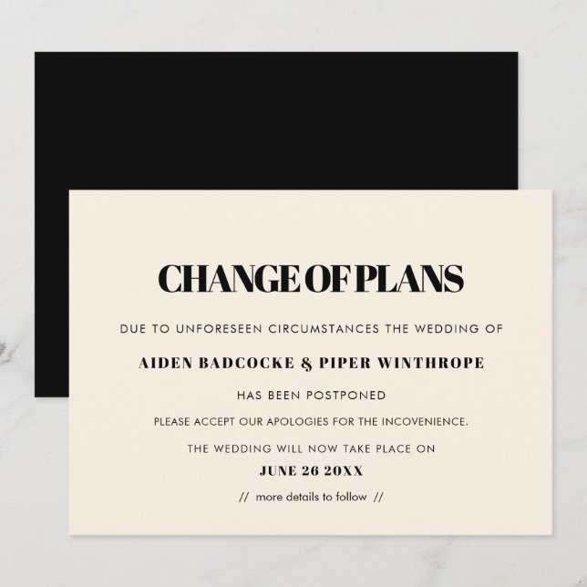 Invitation Annonce de changement de date de mariage simple et (Devant / Derrière)