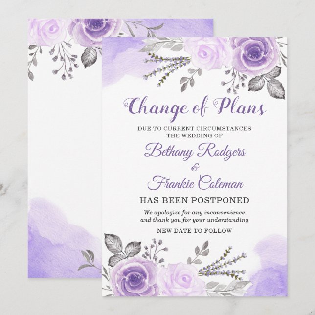 Invitation Annonce de Changement de Plans Chic Fleuris Violet (Devant / Derrière)