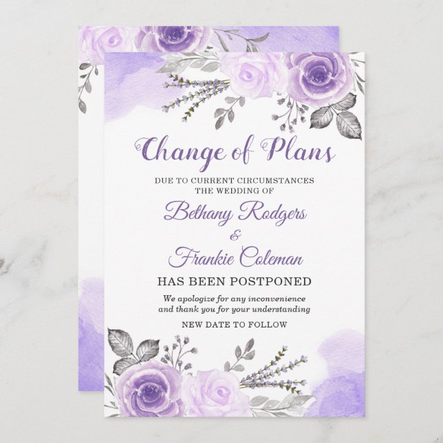 Invitation Annonce de changement de plans Chic floral pourpre (Devant / Derrière)