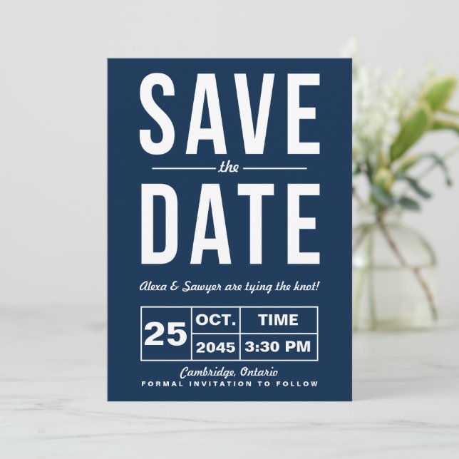 Invitation Annonce de date de mariage à typographie rétro ble (Debout devant)