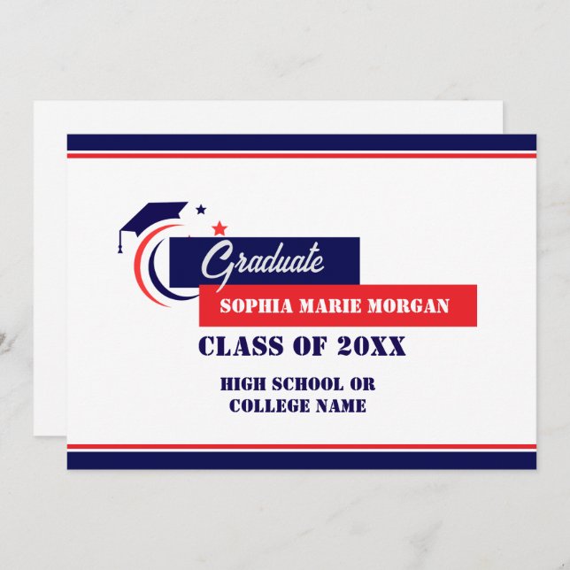 Invitation Annonce de diplômé bleu rouge blanc diplômé (Devant / Derrière)