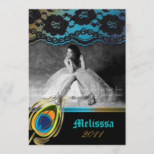 Invitation Annonce de diplôme de paon en dentelle Zèbre bleu 