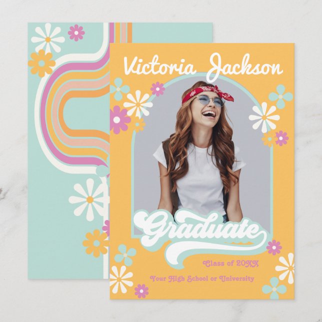 Invitation Annonce de diplômé Hippie Rétro (Devant / Derrière)