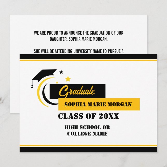 Invitation Annonce de diplômé jaune noir blanc diplômé (Devant / Derrière)