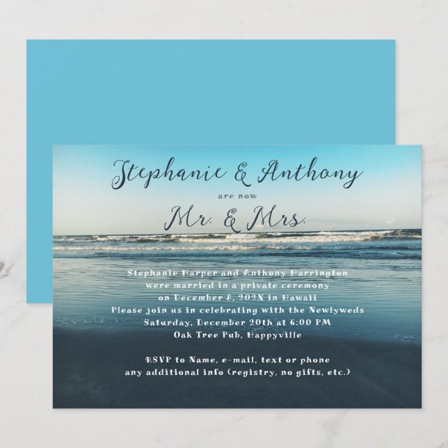 Invitation Annonce de mariage réception de fête Bleu de mer p (Devant / Derrière)