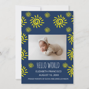 Invitation Annonce de naissance Bébé bleu soleil bohème monde