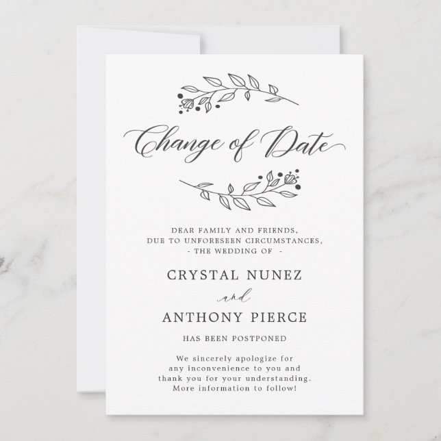Invitation Annonce de report de mariage Changement de date (Devant)