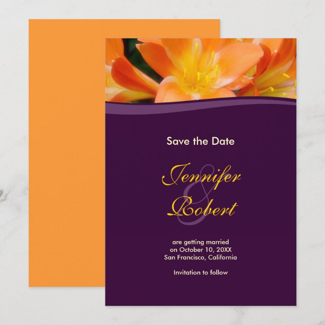Invitation Annonce de sauvegarde de date en violet et orange (Devant / Derrière)