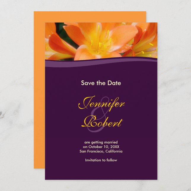 Invitation Annonce de sauvegarde de date violette et orange (Devant / Derrière)