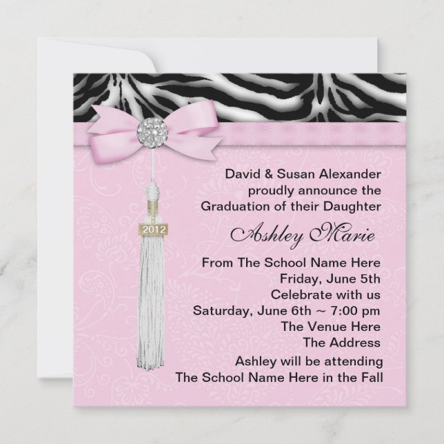 Invitation Annonces de Graduation de Pink Zebra (Devant)